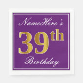 Serviette En Papier Elégant violet, Faux Gold 39ème anniversaire + Nom (Devant)