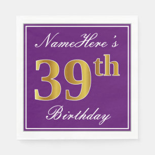 Serviette En Papier Elégant violet, Faux Gold 39ème anniversaire + Nom