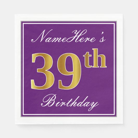 Serviette En Papier Elégant violet, Faux Gold 39ème anniversaire + Nom (Devant)