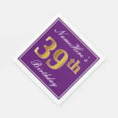 Serviette En Papier Elégant violet, Faux Gold 39ème anniversaire + Nom (Coin)
