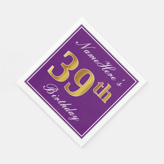 Serviette En Papier Elégant violet, Faux Gold 39ème anniversaire + Nom (Coin)