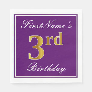 Serviette En Papier Élégant violet, Faux Gold 3ème anniversaire + Nom