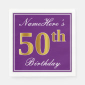 Serviette En Papier Elégant violet, Faux Gold 50e anniversaire + Nom (Devant)