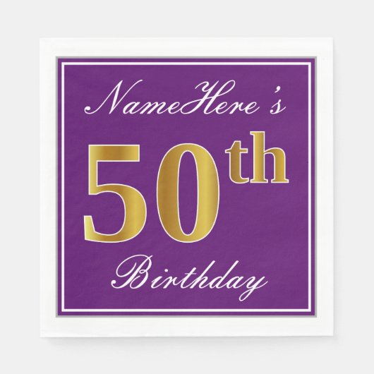 Serviette En Papier Elégant violet, Faux Gold 50e anniversaire + Nom (Devant)