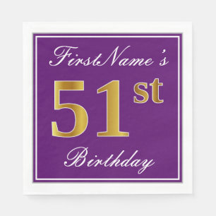 Serviette En Papier Élégant violet, Faux Gold 51ème anniversaire + Nom