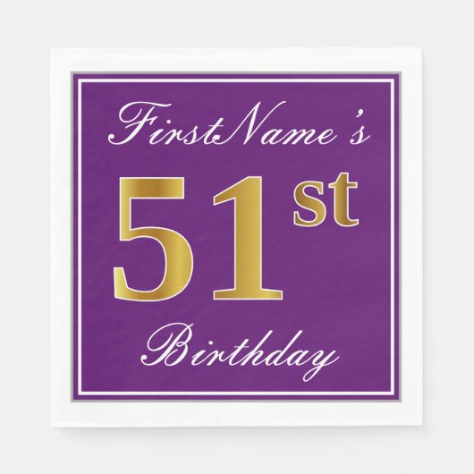 Serviette En Papier Élégant violet, Faux Gold 51ème anniversaire + Nom (Devant)