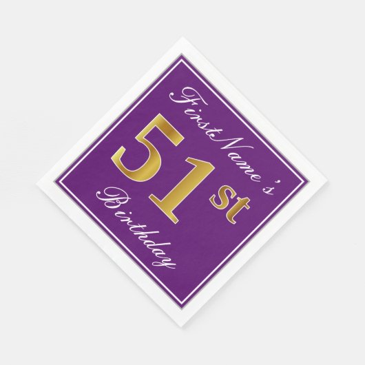 Serviette En Papier Élégant violet, Faux Gold 51ème anniversaire + Nom (Coin)