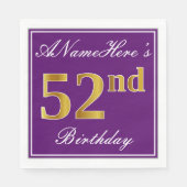 Serviette En Papier Élégant violet, Faux Gold 52e anniversaire + Nom (Devant)