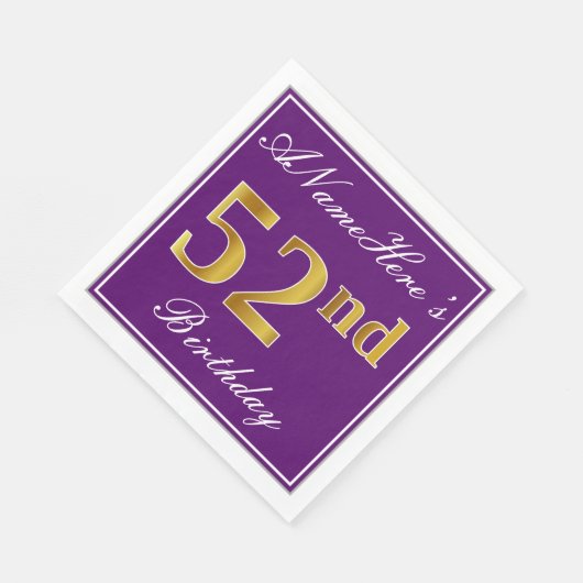 Serviette En Papier Élégant violet, Faux Gold 52e anniversaire + Nom (Coin)