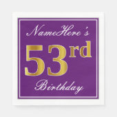 Serviette En Papier Élégant violet, Faux Gold 53ème anniversaire + Nom (Devant)
