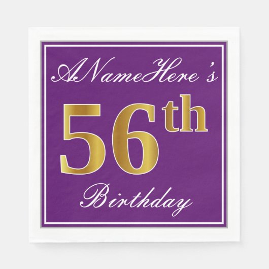 Serviette En Papier Élégant violet, Faux Gold 56ème anniversaire + Nom (Devant)