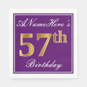 Serviette En Papier Elégant violet, Faux Gold 57ème anniversaire + Nom