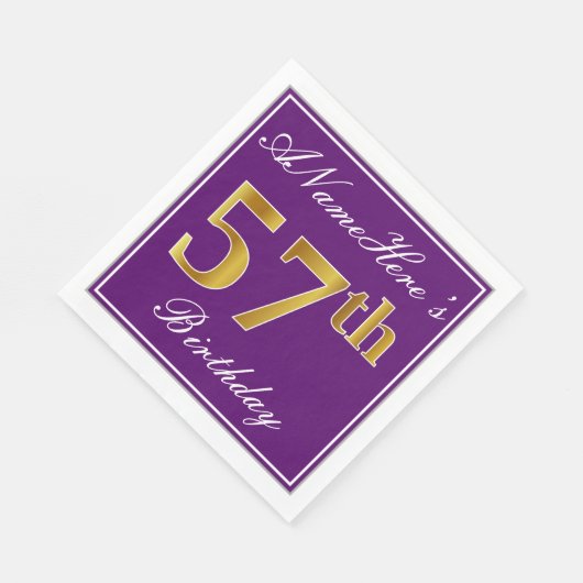 Serviette En Papier Elégant violet, Faux Gold 57ème anniversaire + Nom (Coin)
