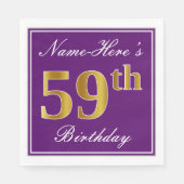 Serviette En Papier Élégant violet, Faux Gold 59e anniversaire + Nom (Devant)