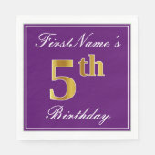 Serviette En Papier Élégant violet, Faux Gold 5e anniversaire + nom (Devant)