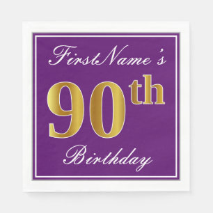 Serviette En Papier Elégant violet, Faux Gold 90e anniversaire + Nom