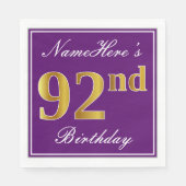 Serviette En Papier Élégant violet, Faux Gold 92e anniversaire + nom (Devant)