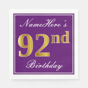 Serviette En Papier Élégant violet, Faux Gold 92e anniversaire + nom