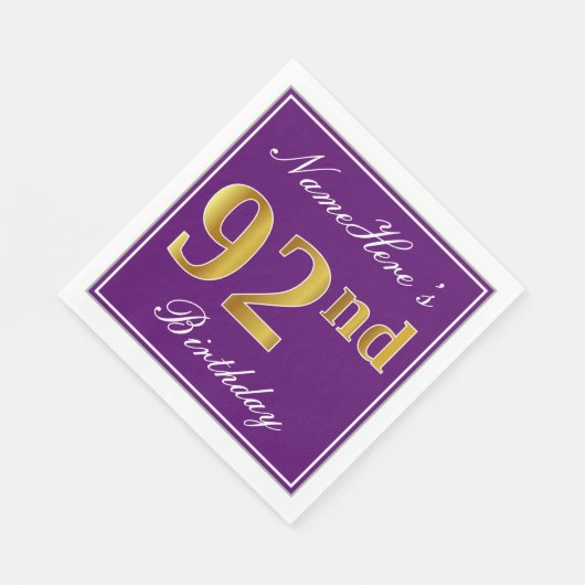 Serviette En Papier Élégant violet, Faux Gold 92e anniversaire + nom (Coin)