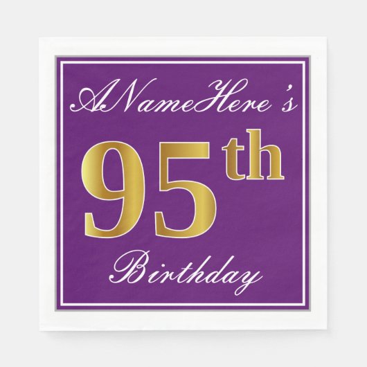 Serviette En Papier Elégant violet, Faux Gold 95ème anniversaire + Nom (Devant)