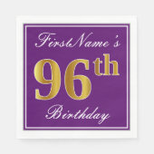 Serviette En Papier Elégant violet, Faux Gold 96ème anniversaire + Nom (Devant)