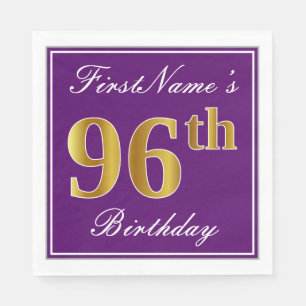 Serviette En Papier Elégant violet, Faux Gold 96ème anniversaire + Nom