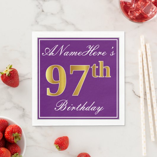 Serviette En Papier Elégant violet, Faux Gold 97ème anniversaire + Nom (En situation)