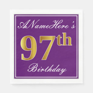 Serviette En Papier Elégant violet, Faux Gold 97ème anniversaire + Nom