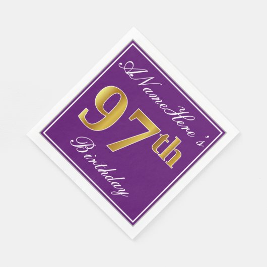 Serviette En Papier Elégant violet, Faux Gold 97ème anniversaire + Nom (Coin)
