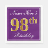 Serviette En Papier Elégant violet, Faux Gold 98ème anniversaire + Nom (Devant)