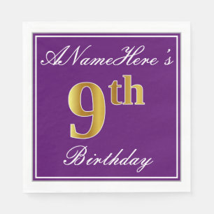 Serviette En Papier Élégant violet, Faux Gold 9e anniversaire + nom