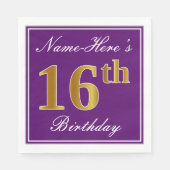 Serviette En Papier Elégant violet, Faux Or 16ème anniversaire + Nom (Devant)