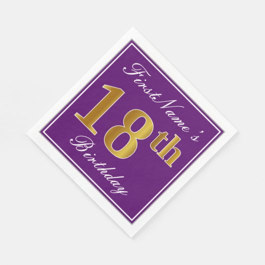 Serviette En Papier Elégant violet, Faux Or 18ème anniversaire + Nom (Coin)