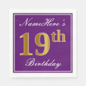 Serviette En Papier Elégant violet, Faux Or 19ème anniversaire + Nom (Devant)