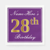 Serviette En Papier Élégant violet, Faux Or 28ème anniversaire + Nom (Devant)
