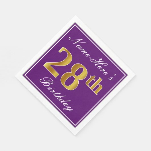 Serviette En Papier Élégant violet, Faux Or 28ème anniversaire + Nom (Coin)
