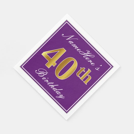Serviette En Papier Elégant violet, Faux Or 40ème anniversaire + Nom (Coin)