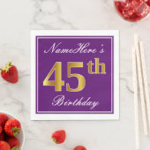 Serviette En Papier Elégant violet, Faux Or 45ème anniversaire + Nom (En situation)