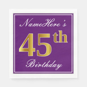 Serviette En Papier Elégant violet, Faux Or 45ème anniversaire + Nom
