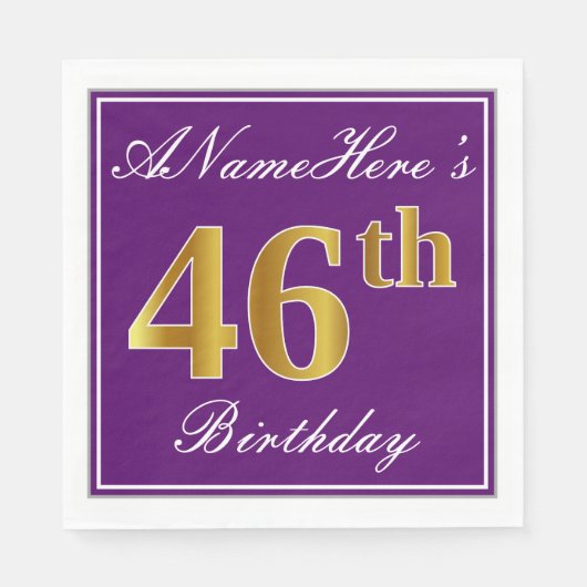 Serviette En Papier Elégant violet, Faux Or 46ème anniversaire + Nom (Devant)
