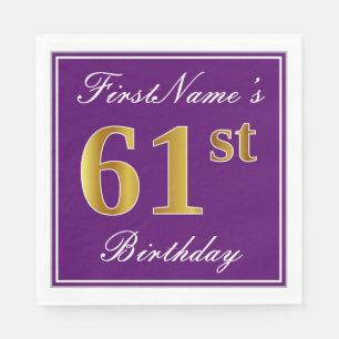 Serviette En Papier Élégant violet, Faux Or 61ème anniversaire + Nom