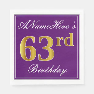 Serviette En Papier Élégant violet, Faux Or 63ème anniversaire + Nom