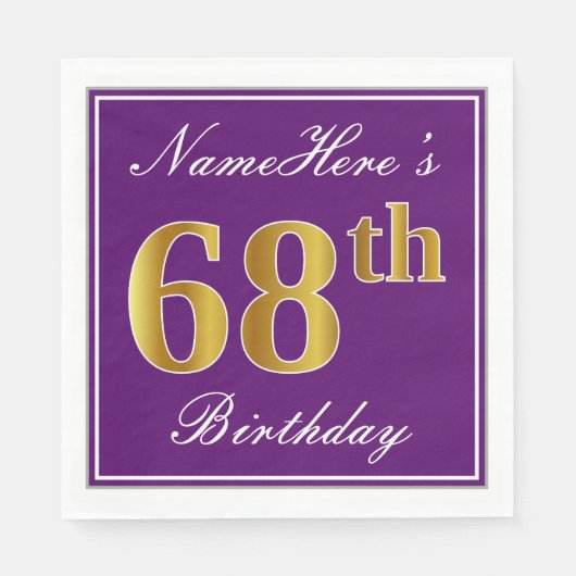 Serviette En Papier Élégant violet, Faux Or 68ème anniversaire + Nom (Devant)
