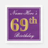 Serviette En Papier Élégant violet, Faux Or 69ème anniversaire + Nom (Devant)