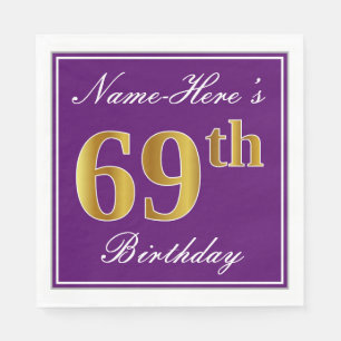 Serviette En Papier Élégant violet, Faux Or 69ème anniversaire + Nom