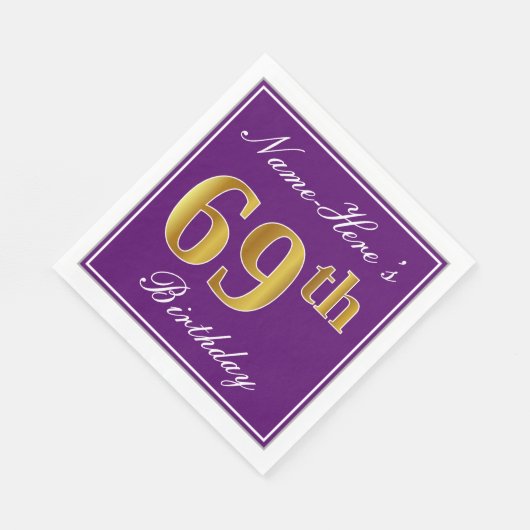 Serviette En Papier Élégant violet, Faux Or 69ème anniversaire + Nom (Coin)