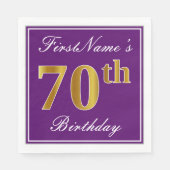 Serviette En Papier Elégant violet, Faux Or 70ème anniversaire + Nom (Devant)