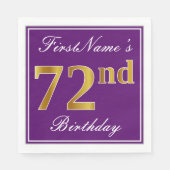 Serviette En Papier Élégant violet, Faux Or 72ème anniversaire + Nom (Devant)
