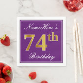 Serviette En Papier Élégant violet, Faux Or 74ème anniversaire + Nom (En situation)
