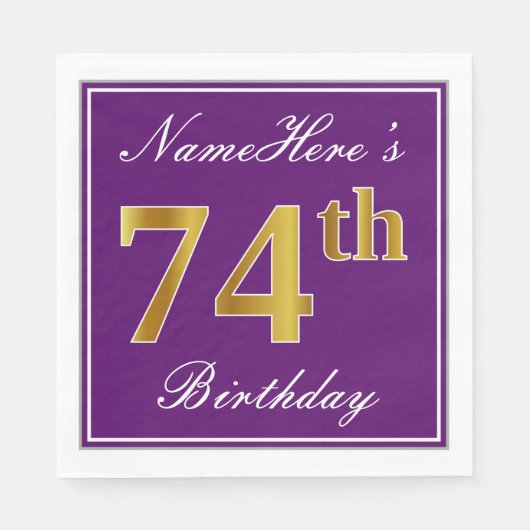 Serviette En Papier Élégant violet, Faux Or 74ème anniversaire + Nom (Devant)